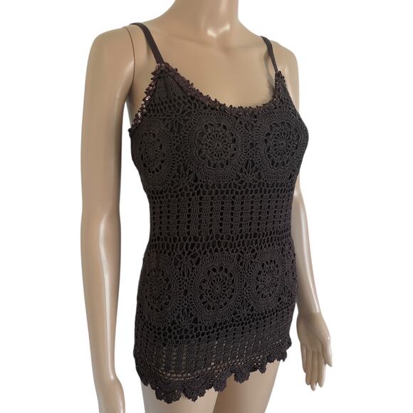 Y2K Crochet Tank Top Brown Silk Blend Sequin Boho Festival Earthy Fairycore - Picture 4 of 8